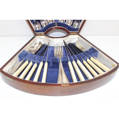 1037 - Vintage canteen of silver-plated cutlery in fan shaped inlaid wooden box by Barker Brothers of Birmi... 