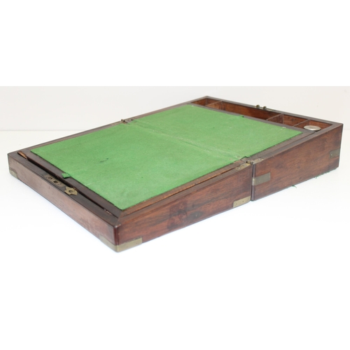 283 - Antique rosewood writing slope with brass-binding and green baize, approx 35cm x 23cm x 12cm