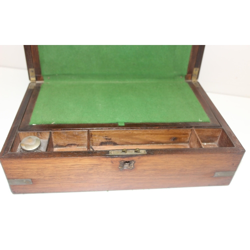 283 - Antique rosewood writing slope with brass-binding and green baize, approx 35cm x 23cm x 12cm