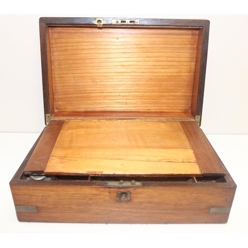 283 - Antique rosewood writing slope with brass-binding and green baize, approx 35cm x 23cm x 12cm