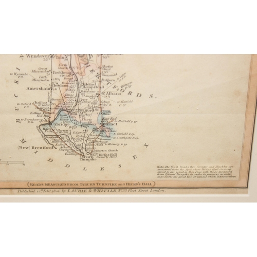 570 - 2 antique maps, one of Cornwall, a road map published by Laurie & Whittle of Tyburn Turnpike to Hinc... 