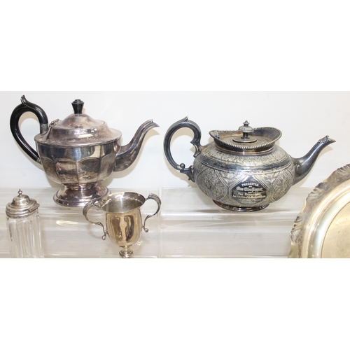 1009 - Qty of metalware, mostly silver-plated, to incl teapots, vase, serving dishes, Art Deco sandwich pla... 