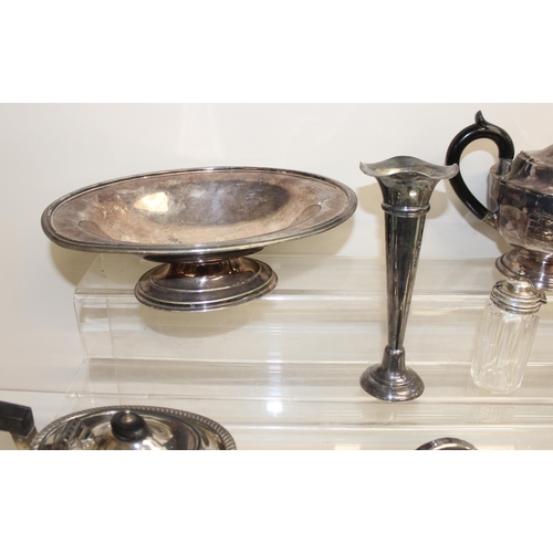 1009 - Qty of metalware, mostly silver-plated, to incl teapots, vase, serving dishes, Art Deco sandwich pla... 