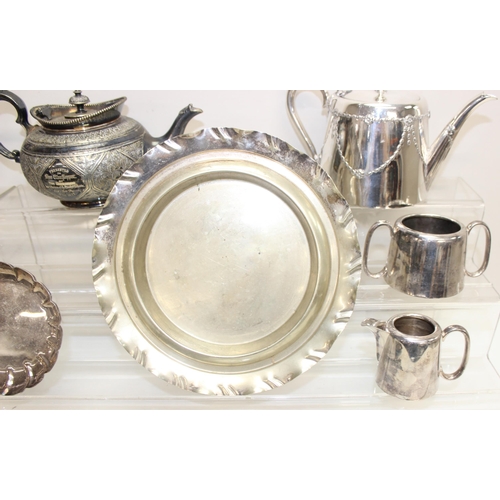 1009 - Qty of metalware, mostly silver-plated, to incl teapots, vase, serving dishes, Art Deco sandwich pla... 