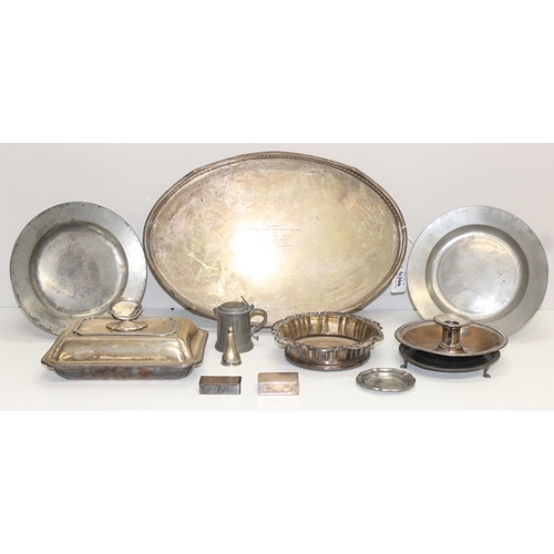 1039 - Qty of assorted antique and later silver plate and pewter items, some 18th century pewter pieces, ap... 