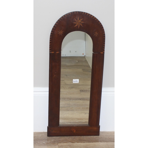 601 - Edwardian domed topped Mahogany framed wall mirror with inlaid details, approx 90 x 36cm