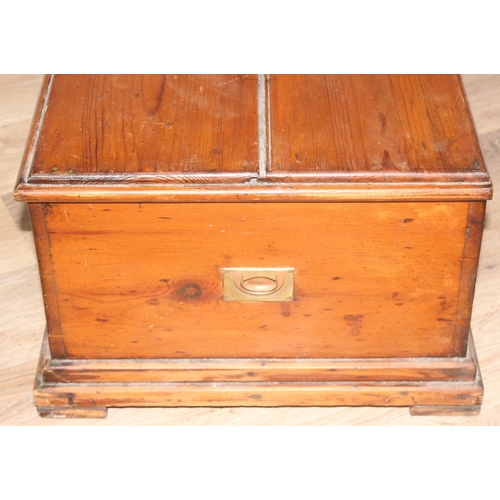 192 - Vintage pine trunk with campaign style brass handles, 62 W x 44 D x 29cm H