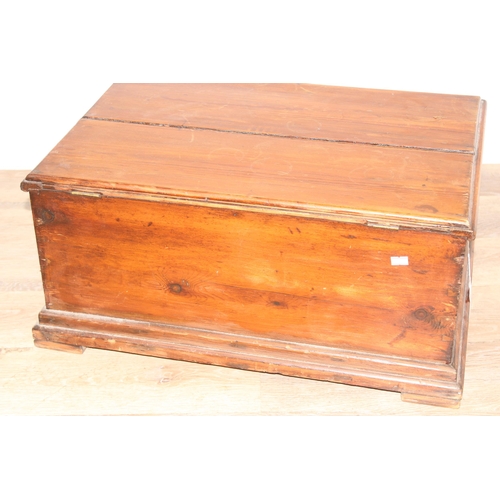 192 - Vintage pine trunk with campaign style brass handles, 62 W x 44 D x 29cm H