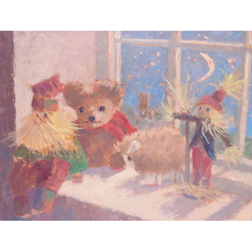 605 - Oliver Warman RBA, ROI (British, 1932-2017): Original oil on board titled 'Christmas Eve - Ted & His... 