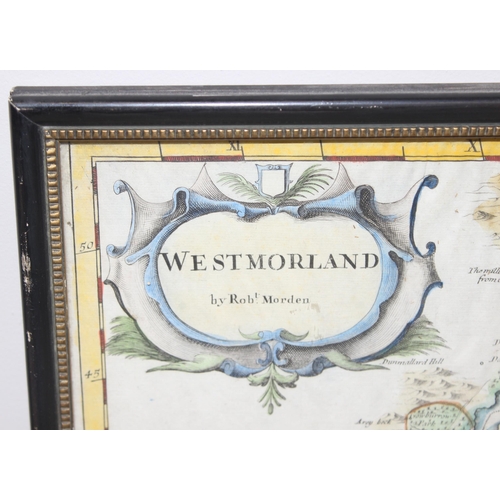 566 - Robert Morden (c. 1650 – 1703): 17th century hand-coloured engraved map of Westmorland, in glazed fr... 