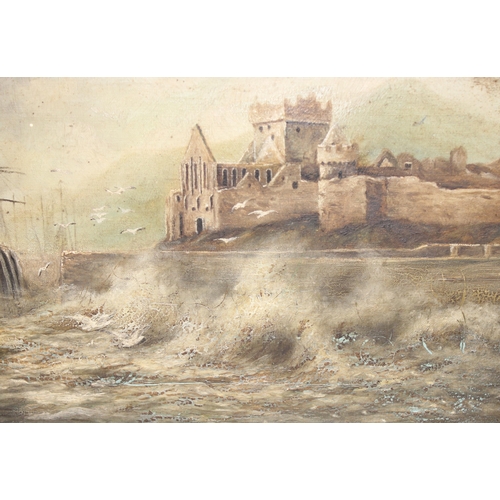 565 - 19th century oil on canvas in gilt frame of a castle amongst a rough sea, approx 46 x 37cm