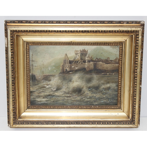 565 - 19th century oil on canvas in gilt frame of a castle amongst a rough sea, approx 46 x 37cm