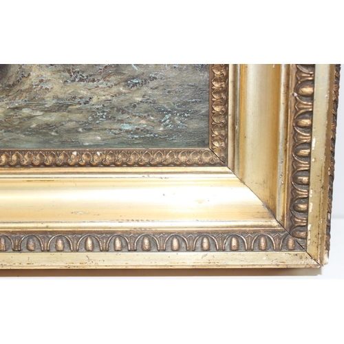 565 - 19th century oil on canvas in gilt frame of a castle amongst a rough sea, approx 46 x 37cm