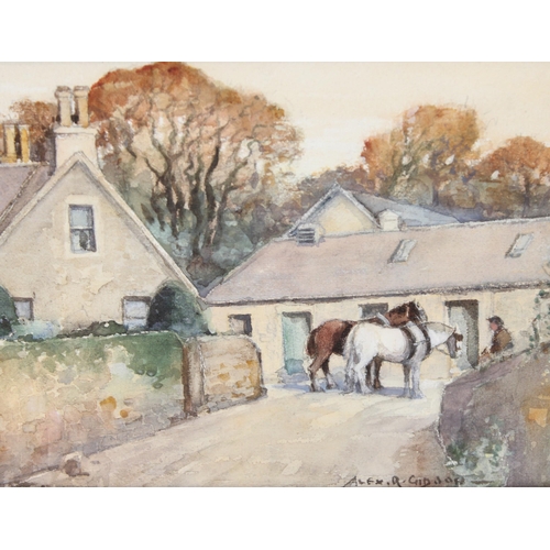 637 - Alexander Roy Gibson (British, 1912-1957): Watercolour of horses on a country lane, in glazed ornate... 