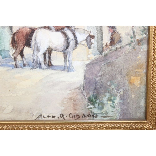 637 - Alexander Roy Gibson (British, 1912-1957): Watercolour of horses on a country lane, in glazed ornate... 