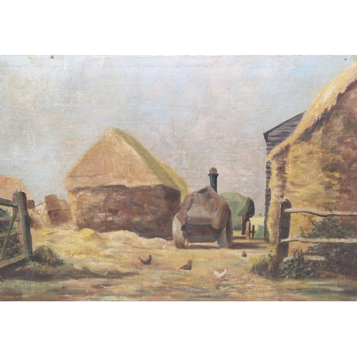 599 - Original oil painting of a farm scene, seemingly unsigned, in glazed frame, approx 75 x 59cm