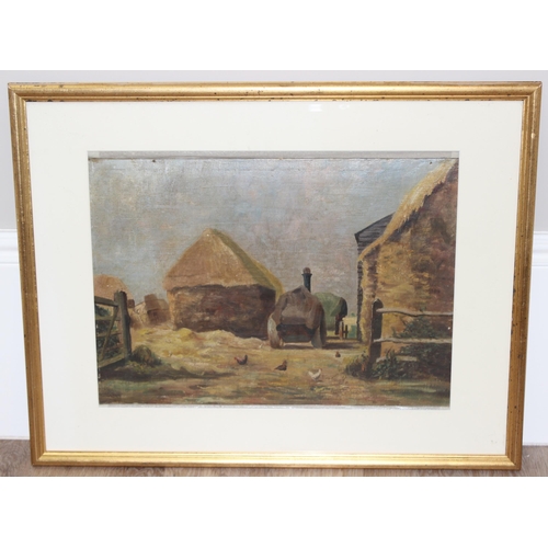 599 - Original oil painting of a farm scene, seemingly unsigned, in glazed frame, approx 75 x 59cm