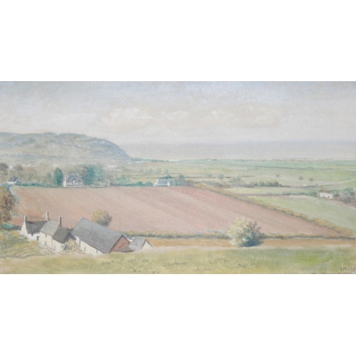 568 - Oil on canvas landscape of farm buildings in the fields by HW Newport, initialled bottom right, appr... 