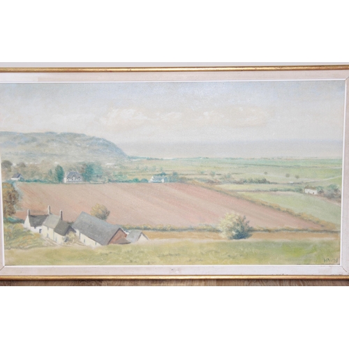 568 - Oil on canvas landscape of farm buildings in the fields by HW Newport, initialled bottom right, appr... 