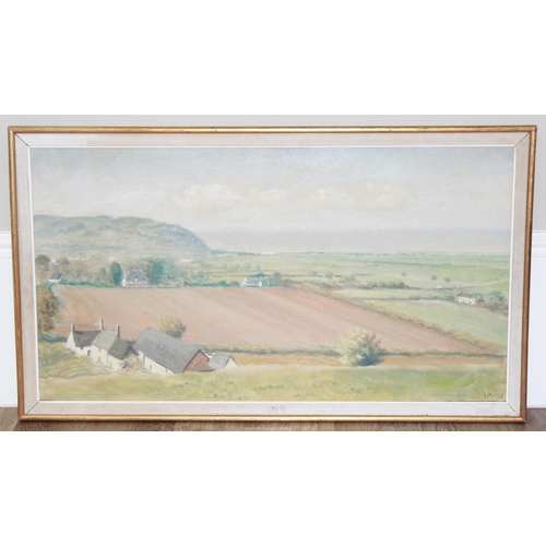 568 - Oil on canvas landscape of farm buildings in the fields by HW Newport, initialled bottom right, appr... 