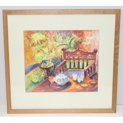 594 - 4 original watercolours to incl 3 landscapes, and a colourful still life, largest approx 50c x 48cm