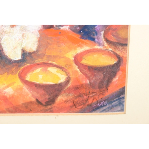 594 - 4 original watercolours to incl 3 landscapes, and a colourful still life, largest approx 50c x 48cm