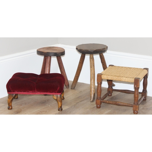 193 - 4 assorted stools, 2 rustic wooden, one with seagrass top and the other with buttoned red velvet uph... 