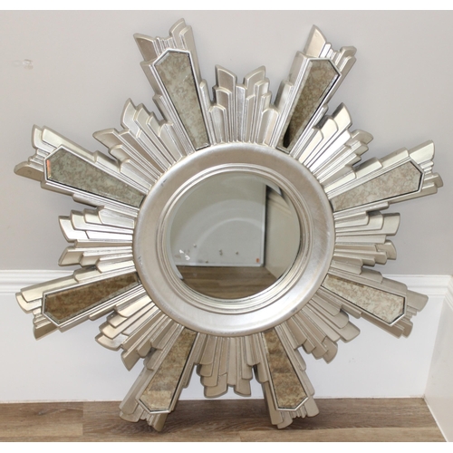 639 - Retro silver coloured sunburst design wall mirror, approx 100cm diam