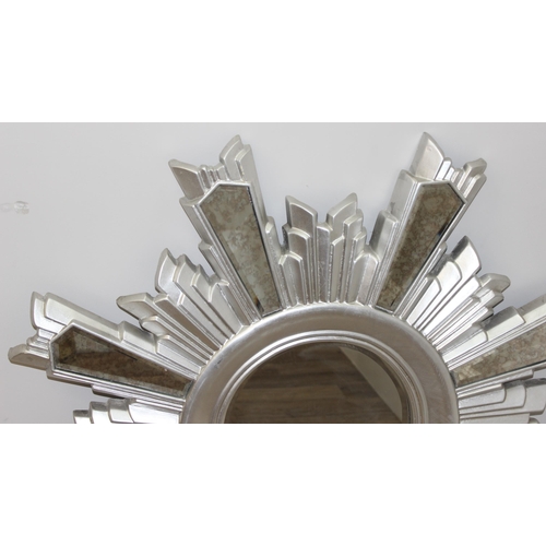 639 - Retro silver coloured sunburst design wall mirror, approx 100cm diam