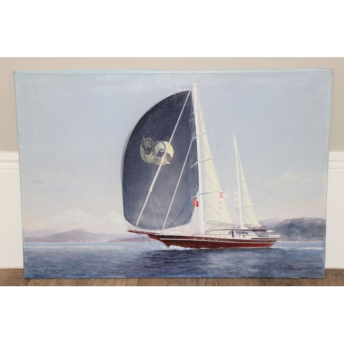 597 - Large oil on canvas on board of a sailing yacht seascape, indistinctly signed, approx 86 x 59cm