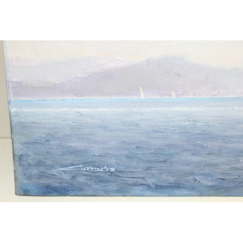 597 - Large oil on canvas on board of a sailing yacht seascape, indistinctly signed, approx 86 x 59cm