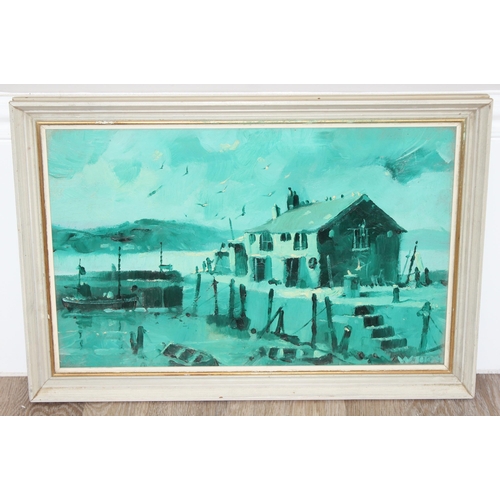 604 - Original oil on board in frame of a harbour scene, in shades of greens and turquoise, purportedly to... 