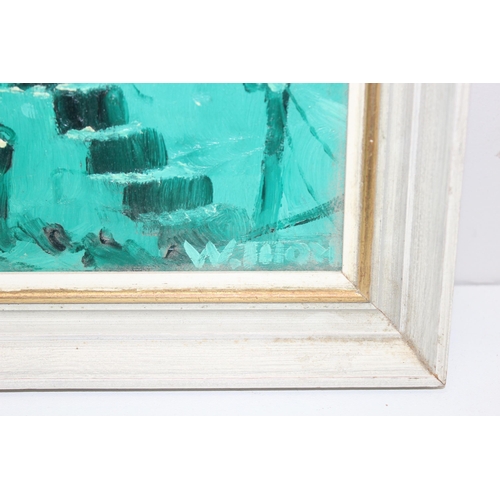 604 - Original oil on board in frame of a harbour scene, in shades of greens and turquoise, purportedly to... 