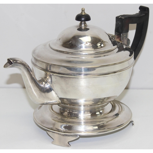 1041 - Viners silver-plated tea pot with ebonised handle on stand with sugar and cream