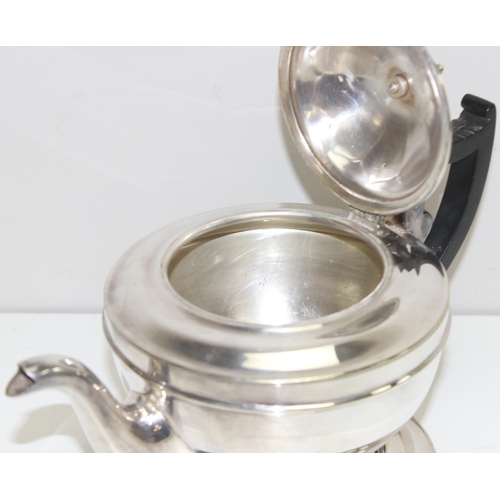 1041 - Viners silver-plated tea pot with ebonised handle on stand with sugar and cream