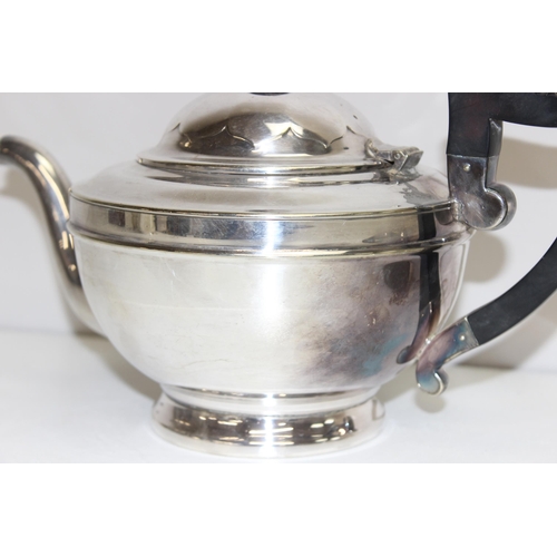 1041 - Viners silver-plated tea pot with ebonised handle on stand with sugar and cream