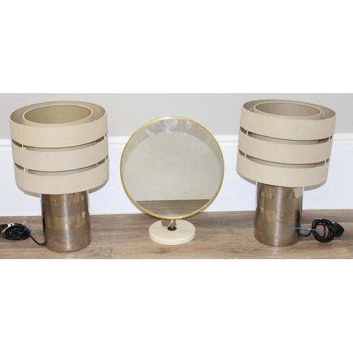 230 - Pair of retro style chrome based table lamps with shades, and a 1970's table top vanity mirror, like... 