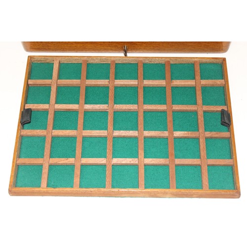 270 - Vintage oak glazed coin collector's display box with green baize lining, 37 x 27 x 7cm