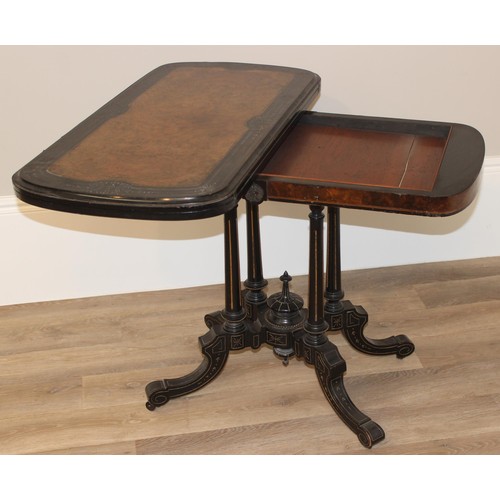 143 - A Victorian burr walnut and ebonised card or games table standing on pillar supports with blue baize... 