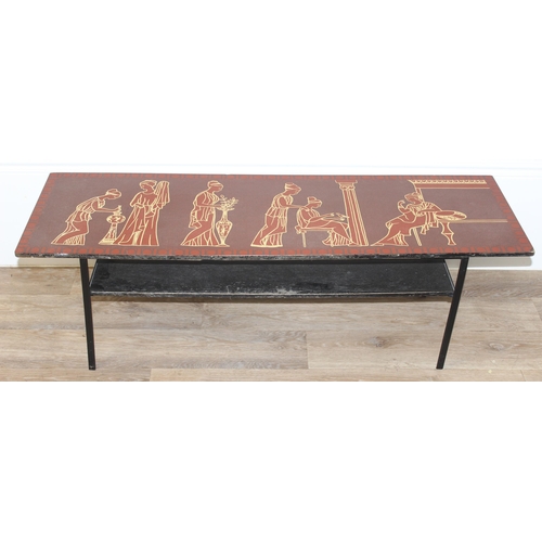 11 - Mid-century retro Melamine topped coffee table in red with Grecian figure decoration, approx 114 W x... 