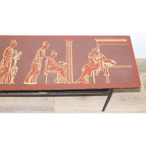 11 - Mid-century retro Melamine topped coffee table in red with Grecian figure decoration, approx 114 W x... 