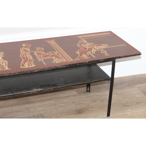 11 - Mid-century retro Melamine topped coffee table in red with Grecian figure decoration, approx 114 W x... 