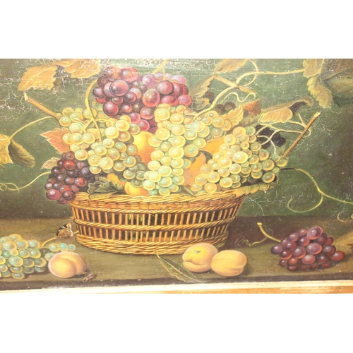 450 - Studio of Miguel Canals (Spanish 1925-1995), still life oil on copper of grapes and peaches within a... 