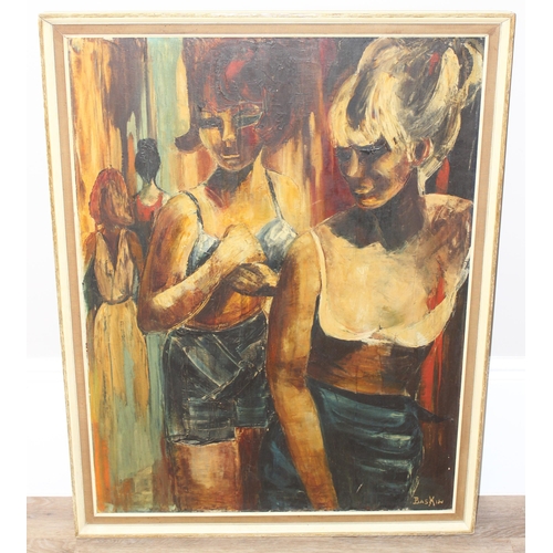 453 - Gillian Baskin (XX), mid-century oil on canvas of 2 ladies in underwear, signed BASKIN lower right, ... 