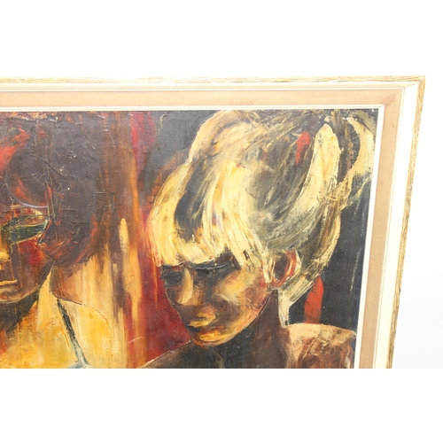 453 - Gillian Baskin (XX), mid-century oil on canvas of 2 ladies in underwear, signed BASKIN lower right, ... 