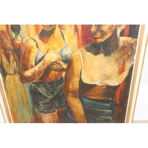 453 - Gillian Baskin (XX), mid-century oil on canvas of 2 ladies in underwear, signed BASKIN lower right, ... 