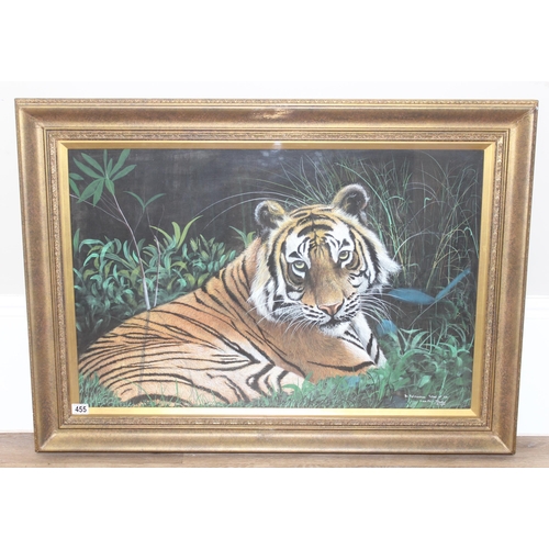 455 - S.W.M (Raj) Shanker (XX-XXI), Ranthambore School of Art oil or acrylic on canvas of a tiger in grass... 