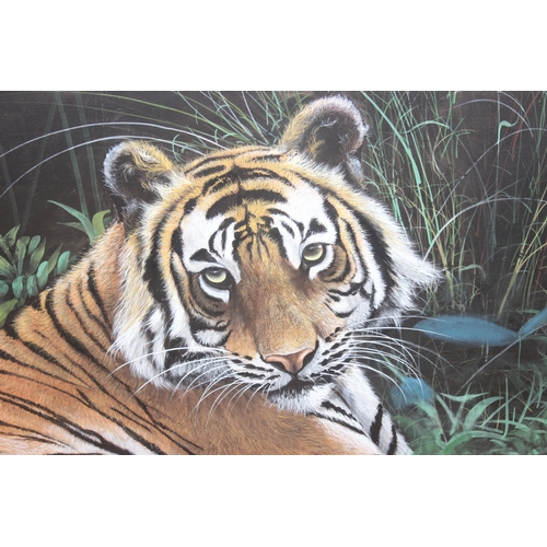 455 - S.W.M (Raj) Shanker (XX-XXI), Ranthambore School of Art oil or acrylic on canvas of a tiger in grass... 