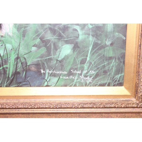 455 - S.W.M (Raj) Shanker (XX-XXI), Ranthambore School of Art oil or acrylic on canvas of a tiger in grass... 