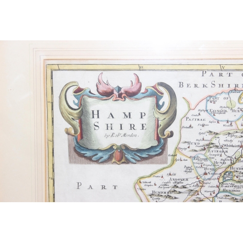 471 - Robert Morden (c. 1650 – 1703): 17th century hand-coloured engraved map of Hampshire, in glazed fram... 